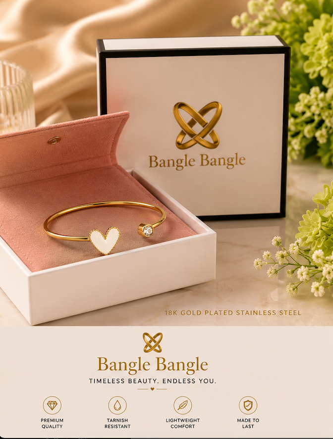 18K Gold Plated White Heart Crystal Bangle image 1