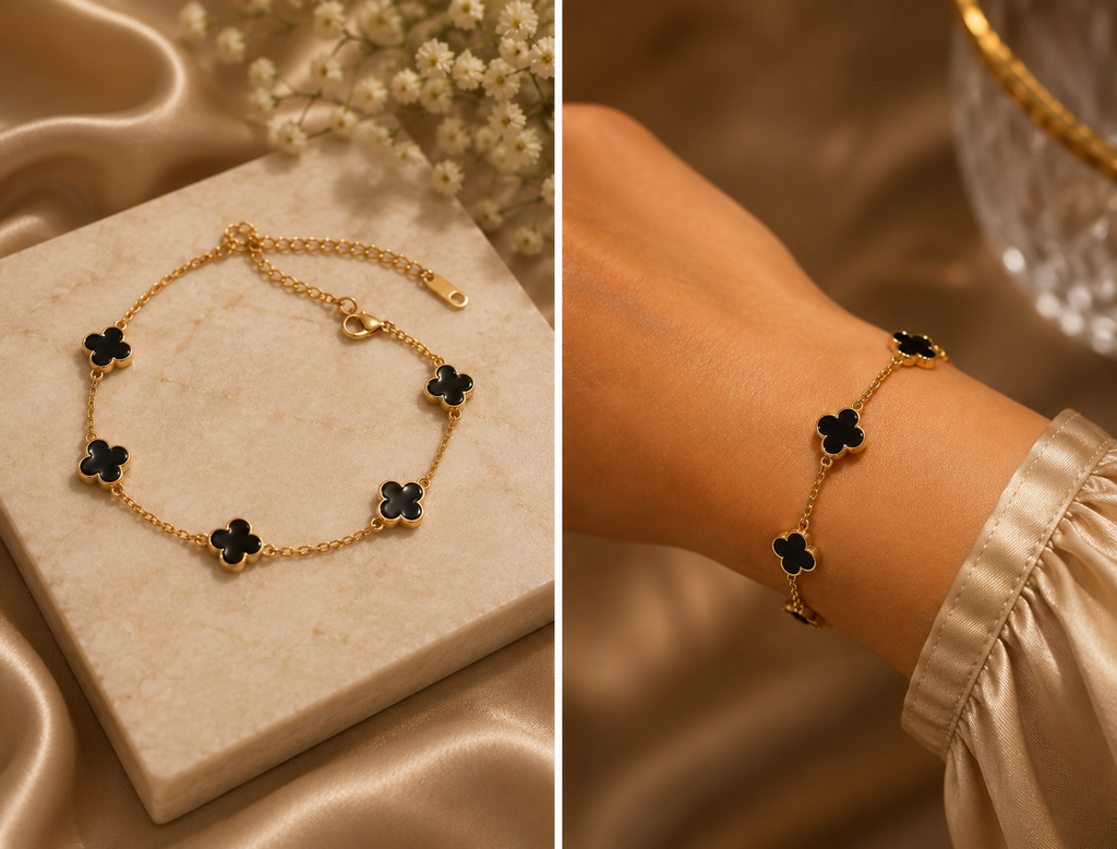 18K Gold Plated Black Clover Bracelet image 2