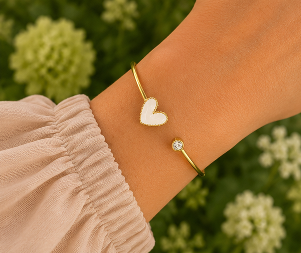 18K Gold Plated White Heart Crystal Bangle image 2