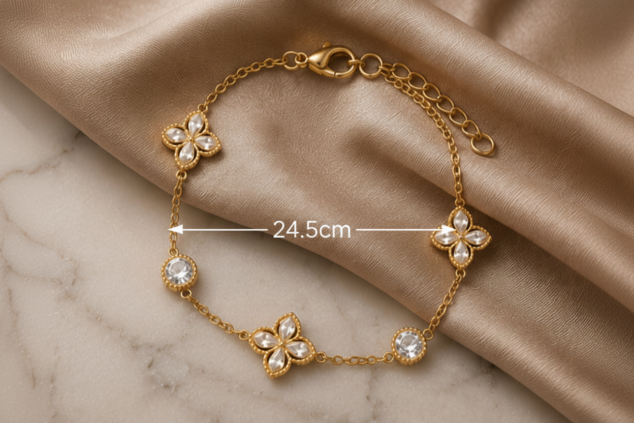 18K Gold Plated Crystal Clover Bracelet – 24.5cm