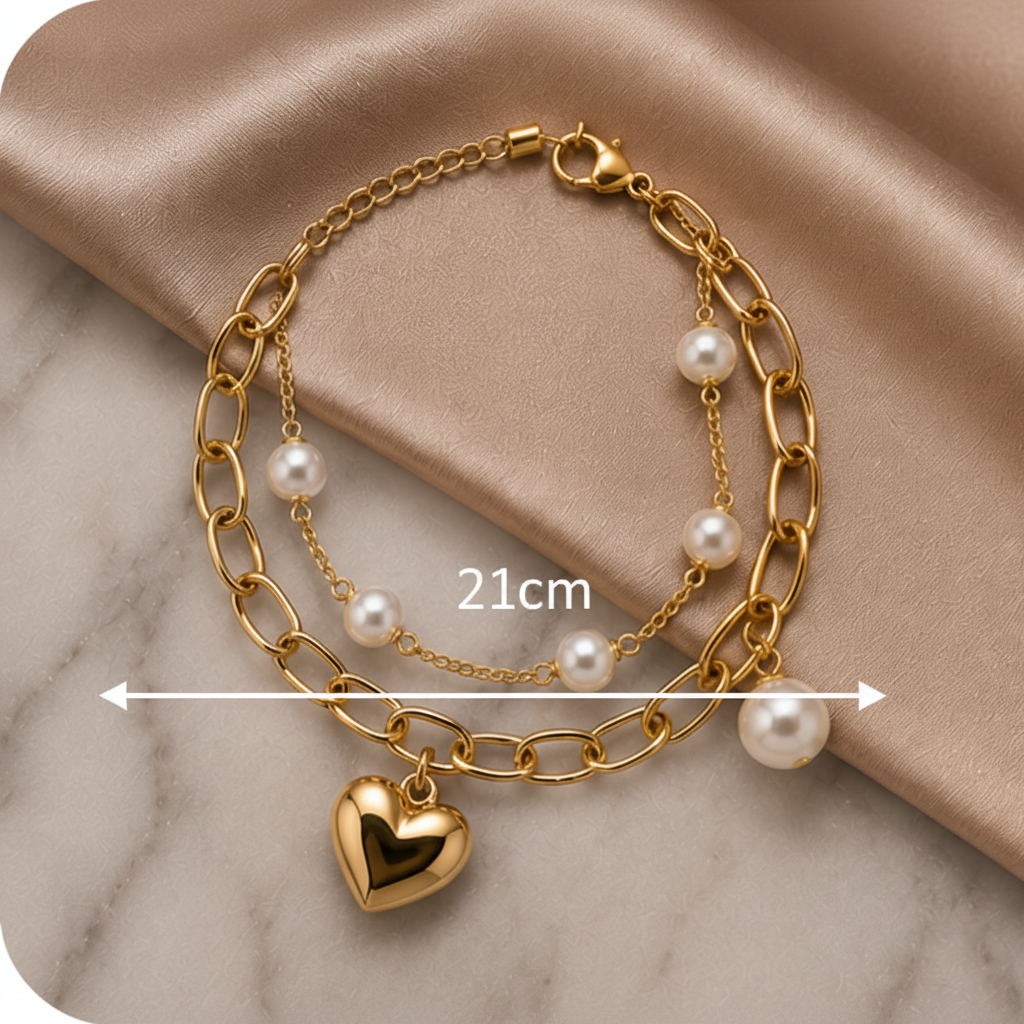 18K Gold Plated Pearl and Heart Charm Bracelet – 21cm