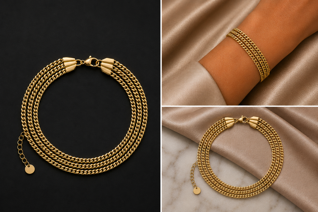 18K Gold Plated Triple Chain Bracelet image 3