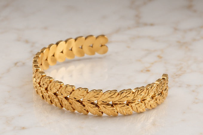 18K Gold Plated Leaf Cuff Bangle image 3