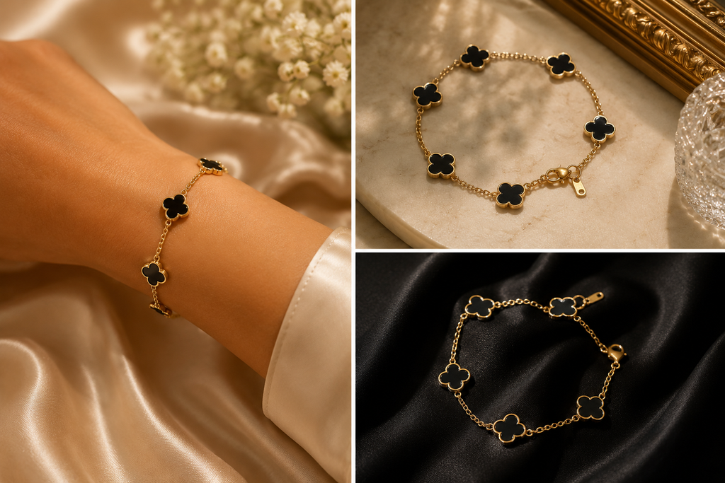 18K Gold Plated Black Clover Bracelet image 0