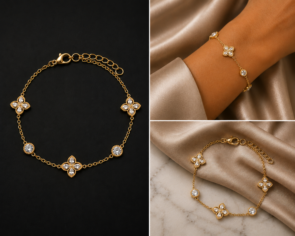 18K Gold Plated Crystal Clover Bracelet image 3
