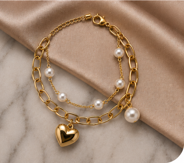 18K Gold Plated Pearl and Heart Charm Bracelet image 1