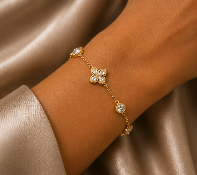 18K Gold Plated Crystal Clover Bracelet image 1