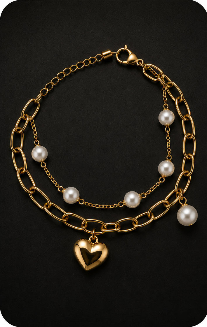 18K Gold Plated Pearl and Heart Charm Bracelet image 2