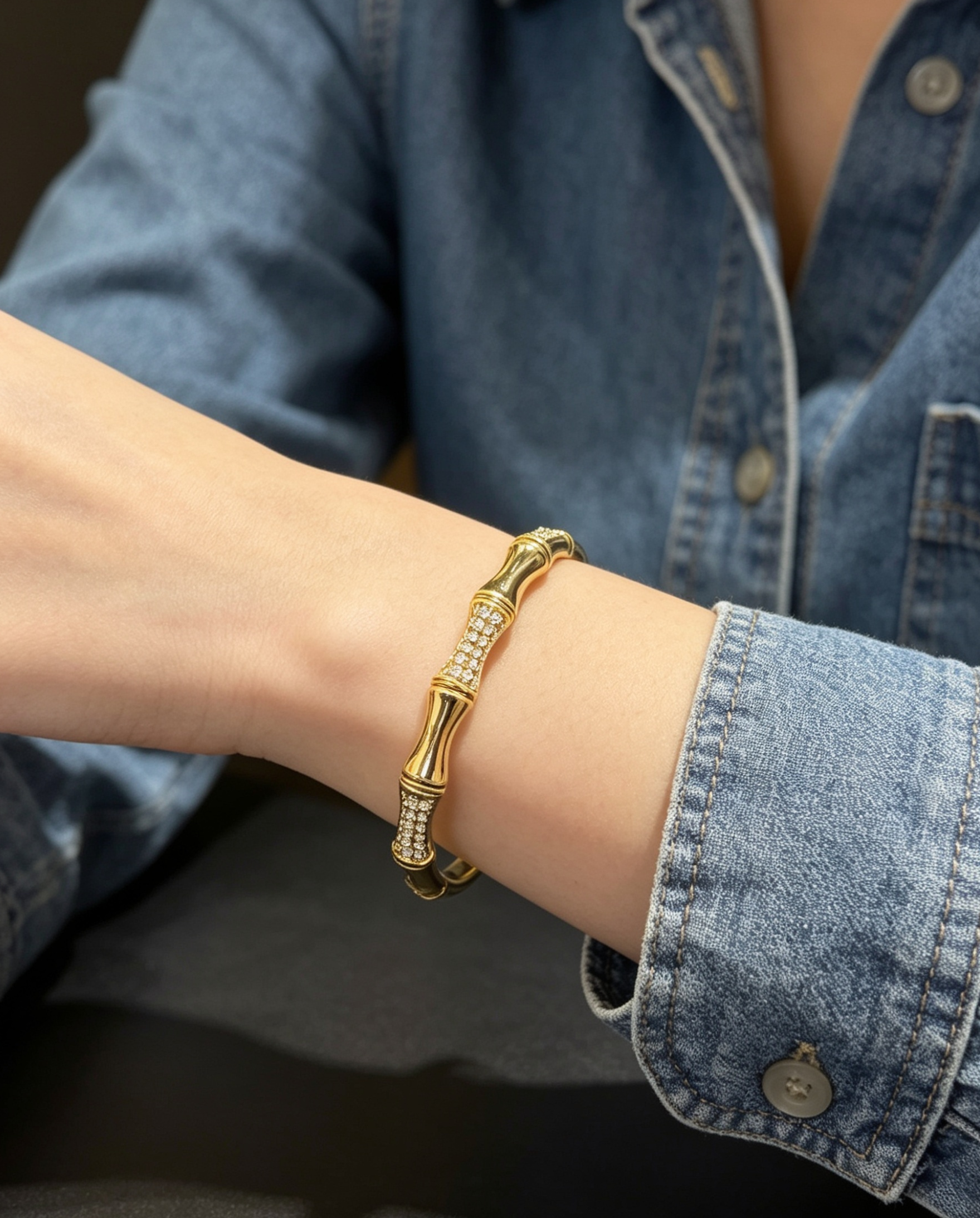 18K Gold Plated Bamboo  Crystal Bangle image 1