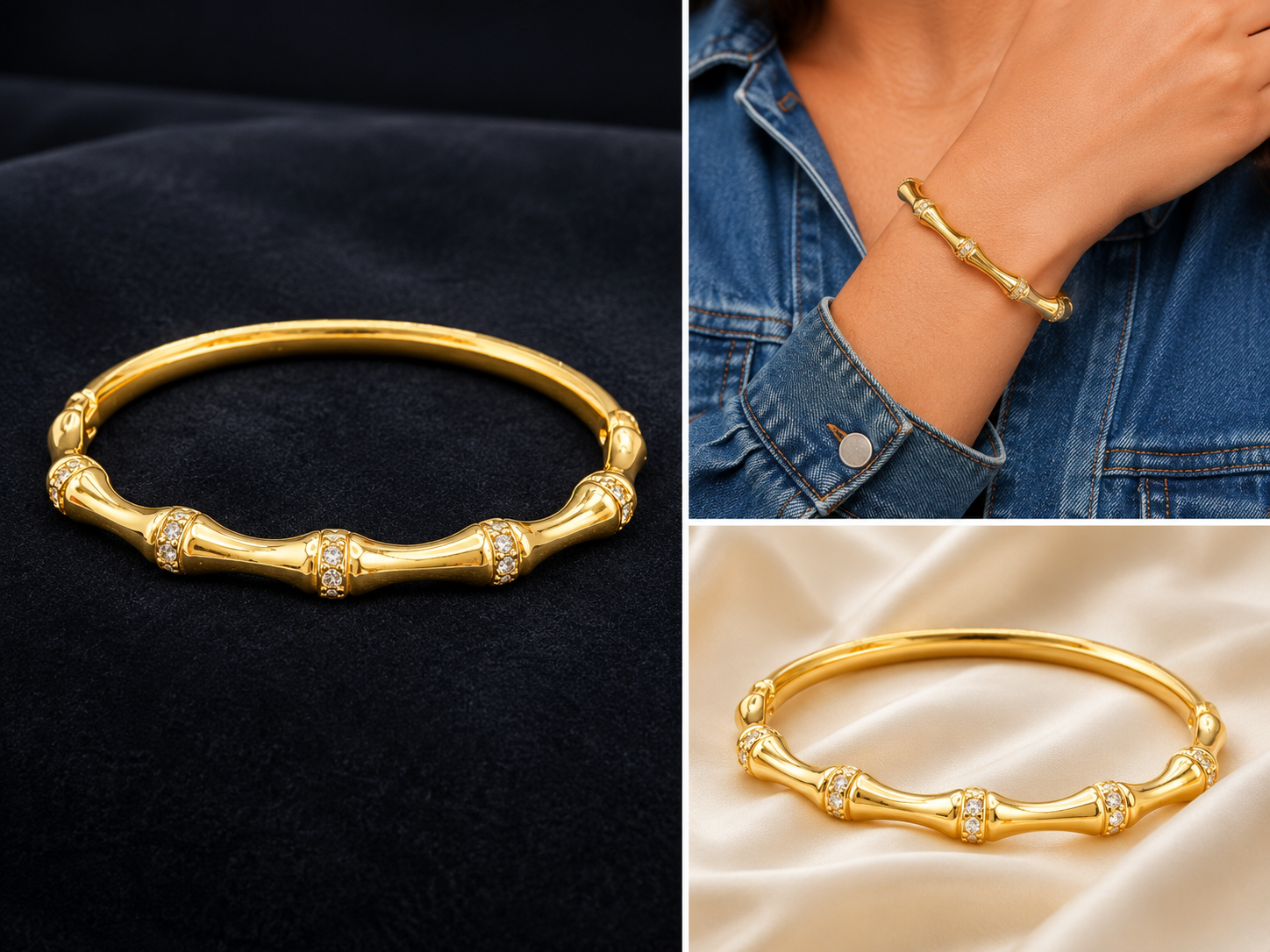 18K Gold Plated Crystal Bamboo Bangle image 2