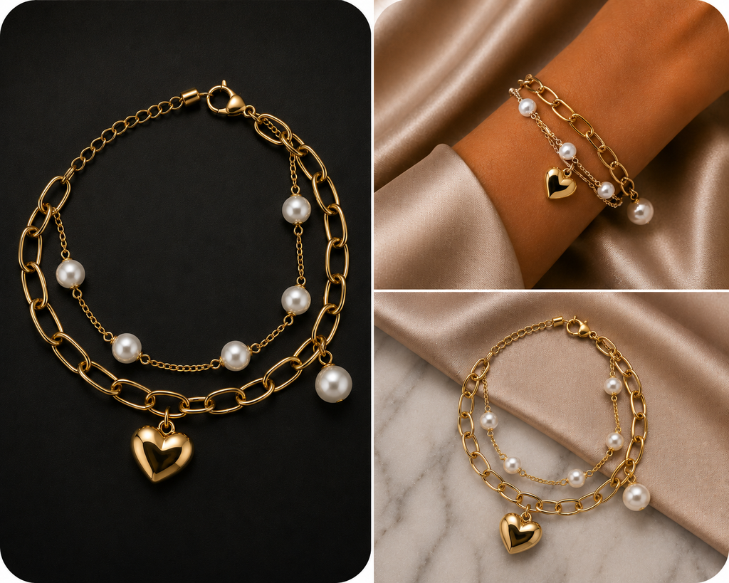 18K Gold Plated Pearl and Heart Charm Bracelet image 3