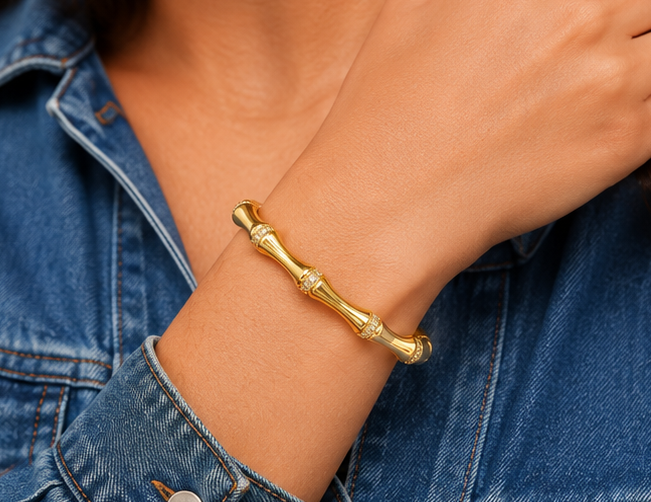 18K Gold Plated Crystal Bamboo Bangle image 1